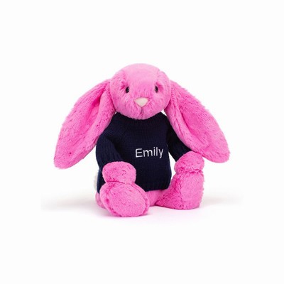 Jellycat Bashful Hot Pink Bunny with Navy Jumper Australia | 276380RIM